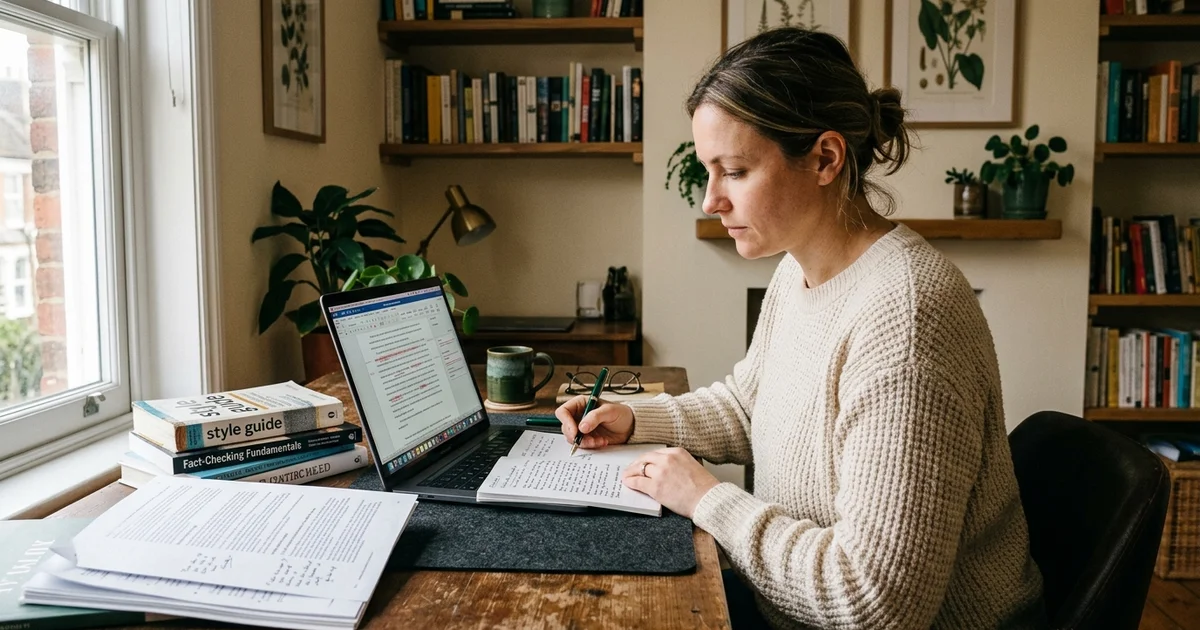 An editor refining an AI-generated draft on screen with handwritten margin notes alongside