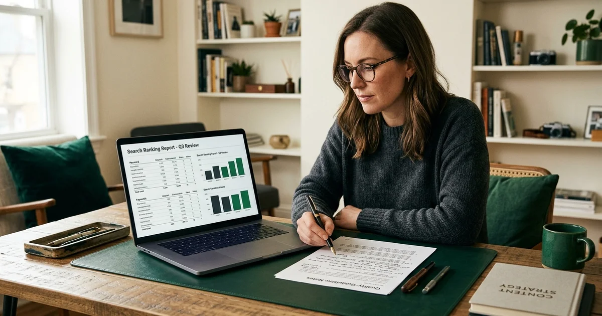 An editor reviewing a search ranking report on a laptop in a warm home studio