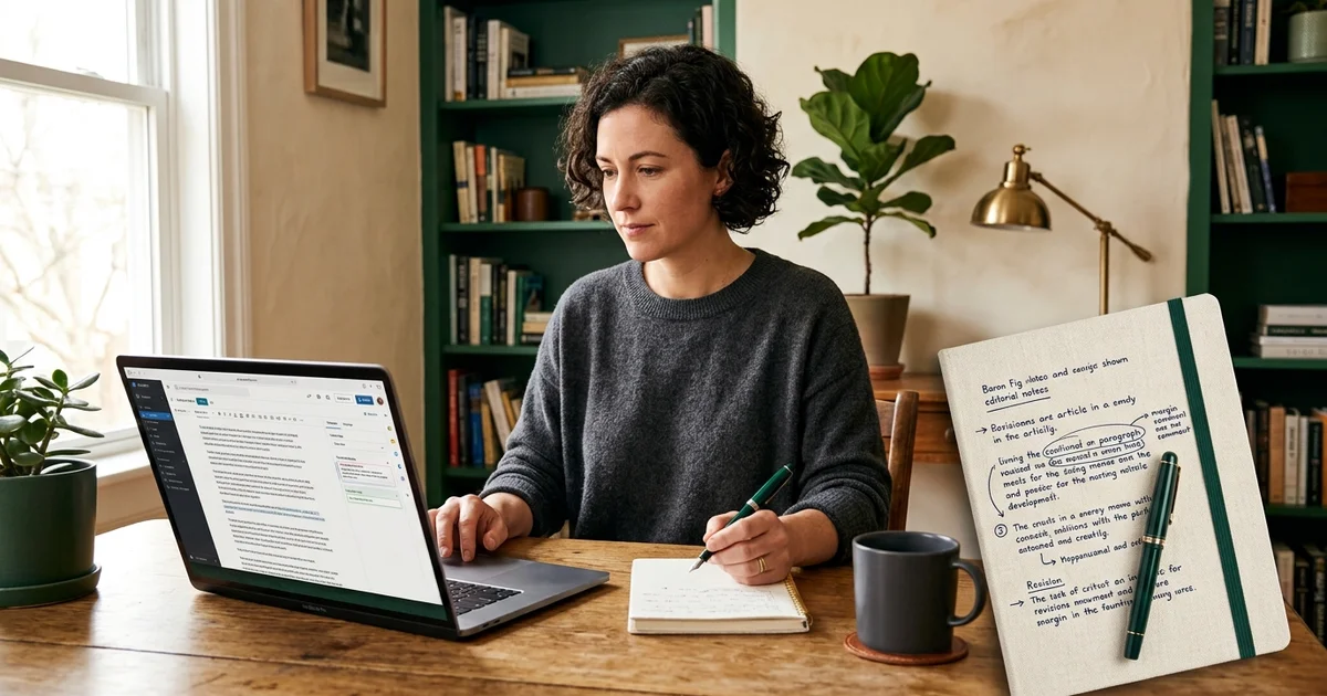 An editor updating an older article on a laptop with fresh handwritten notes beside it