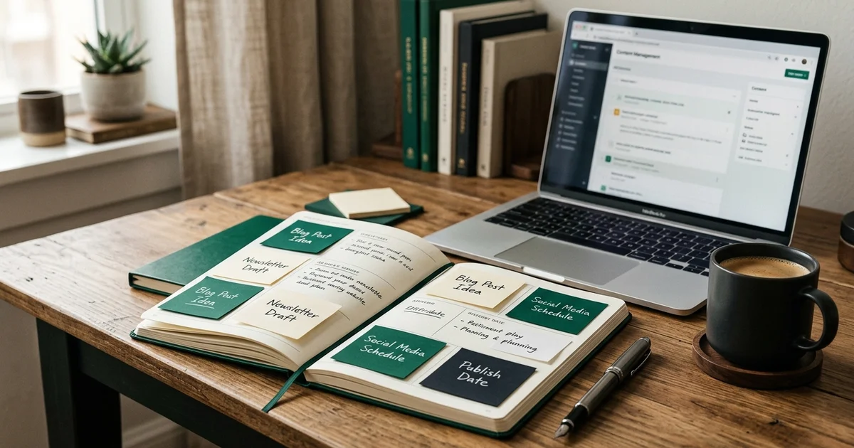 A content calendar covered in planning sticky notes spread across a warm wooden desk