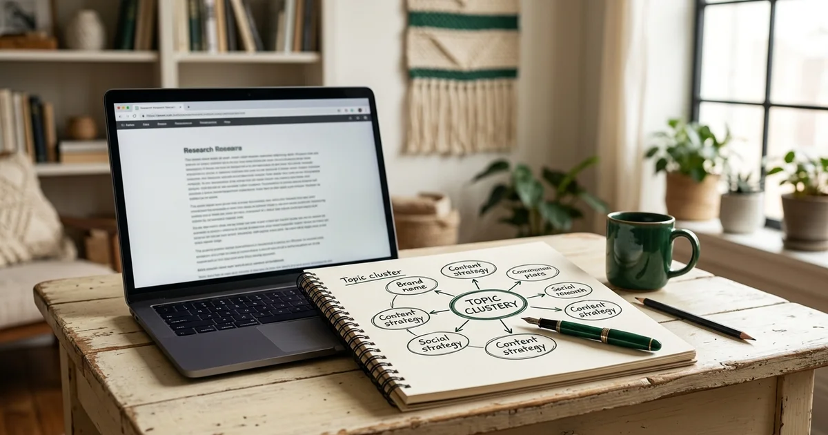 A topic cluster diagram sketched on paper beside a laptop on a warm editorial desk