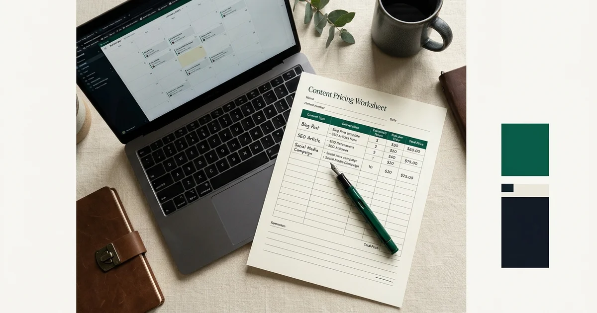 A pricing worksheet, pen and laptop laid out on a warm home studio desk
