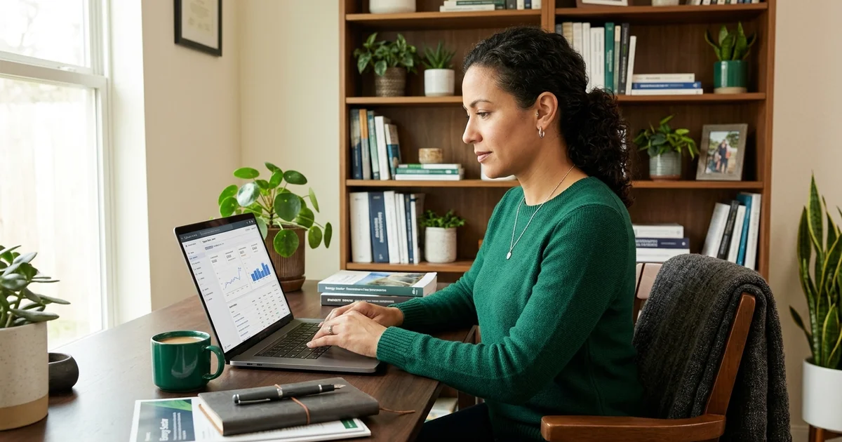 A Houston business owner reviewing a search traffic report on a laptop in a warm home office