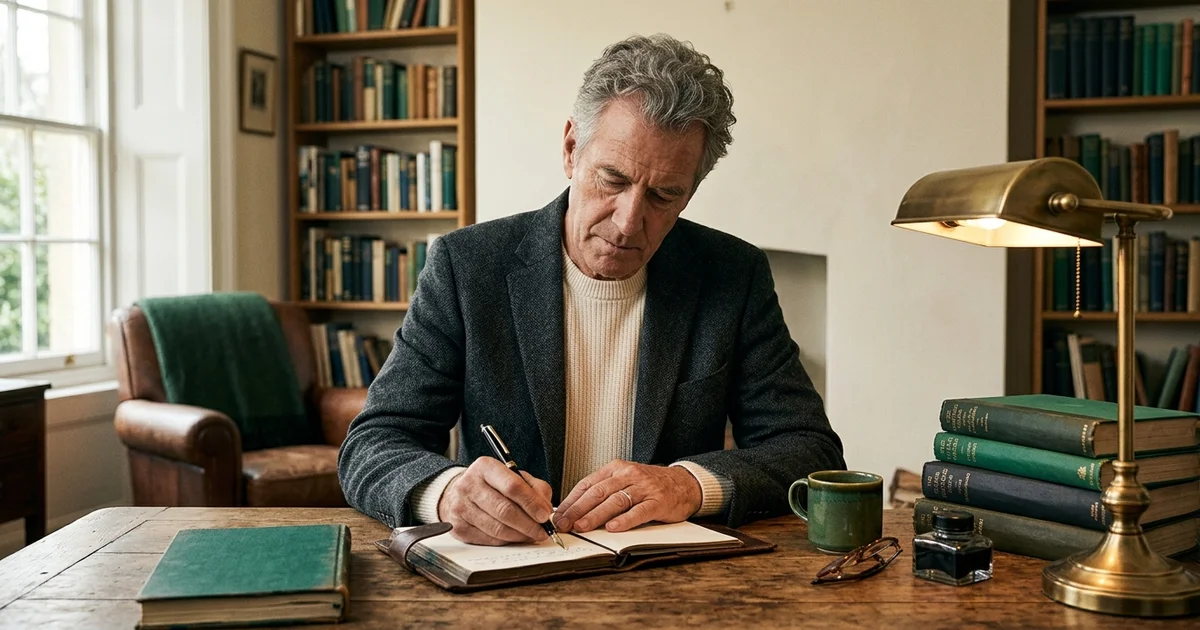 A journalist writing longhand in a leather notebook in a warm lamplit study