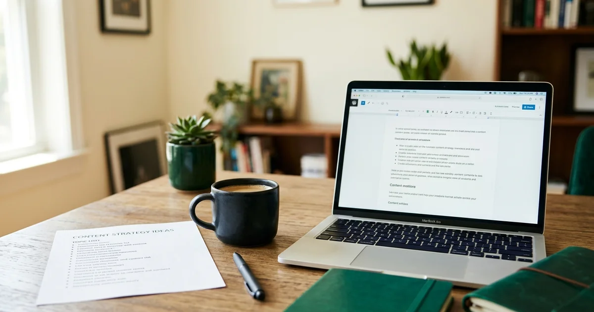 A laptop generating a content draft beside a coffee cup in a warm home studio