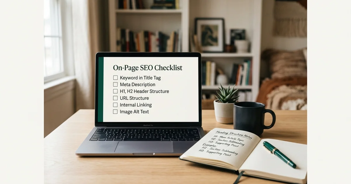 A laptop showing an on-page SEO checklist beside handwritten notes in a warm studio