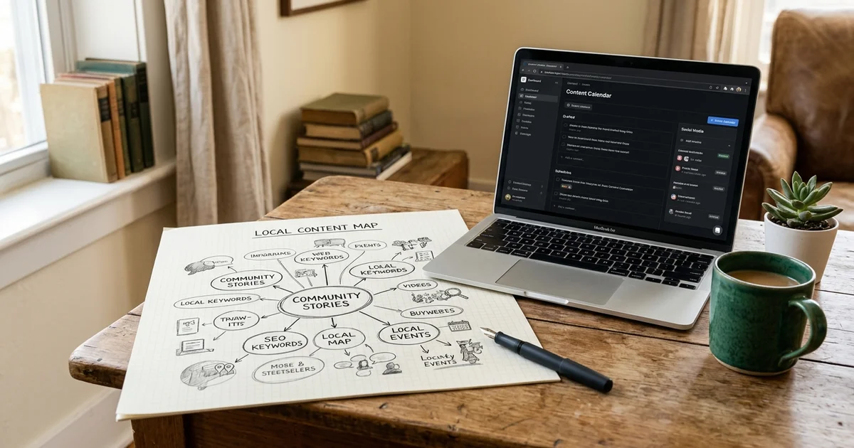 A local content map sketched on paper beside a laptop in a warm home studio