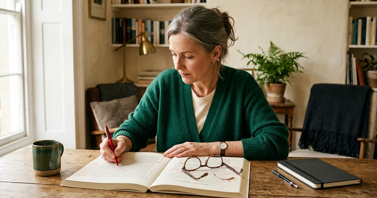 A native English editor marking up a printed manuscript with a red pen in a warm studio