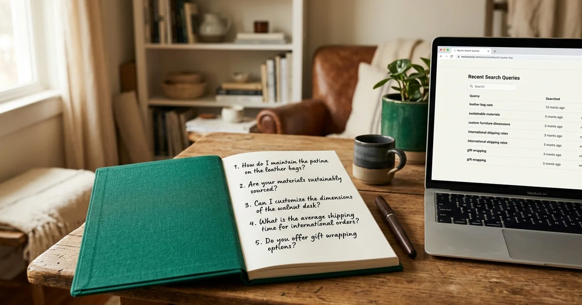 A notebook listing real customer questions beside a laptop showing a search query log