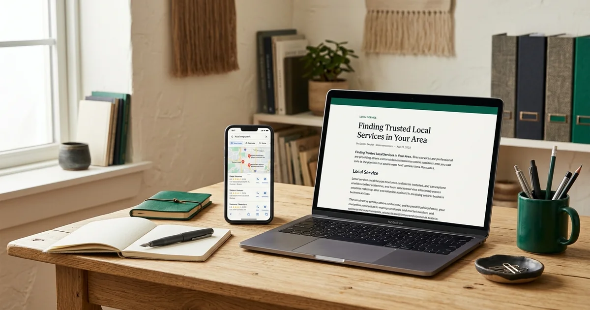 A phone showing a local map pack result propped beside a laptop displaying a local article