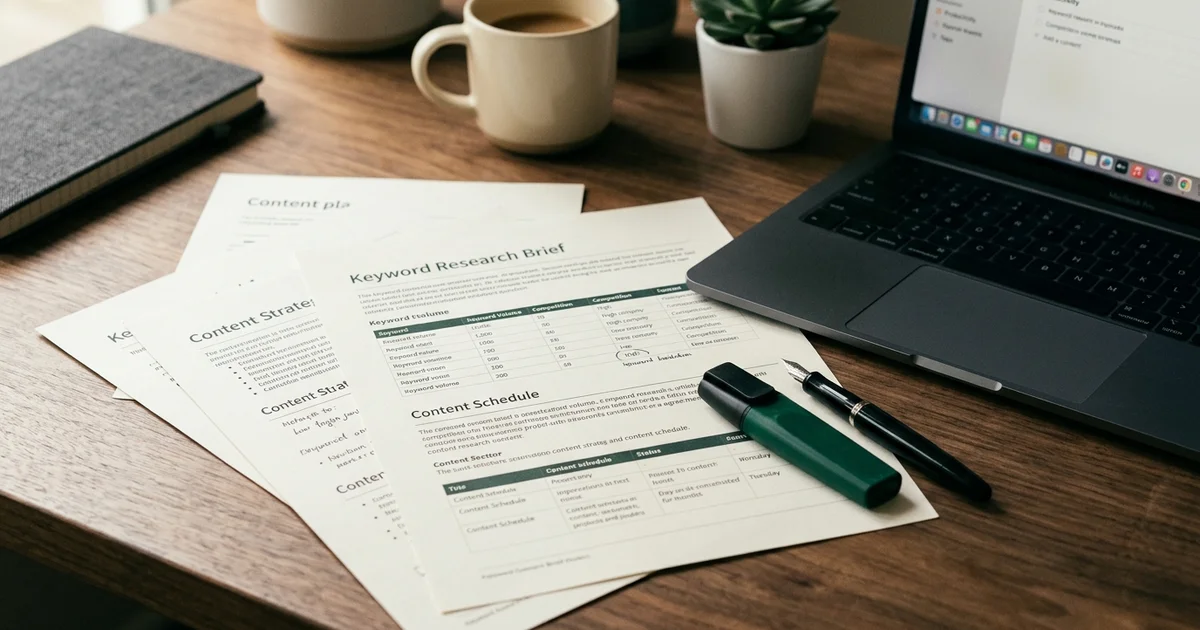 A printed keyword research brief and content plan spread across a warm wooden desk