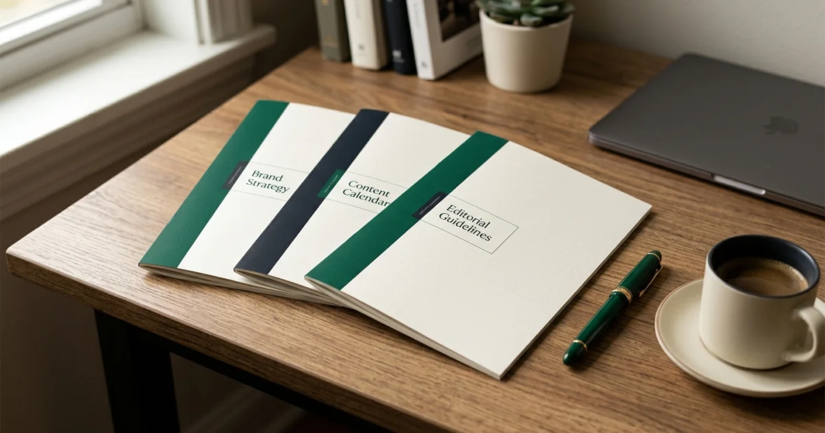 Three labelled content samples fanned across a warm editorial desk