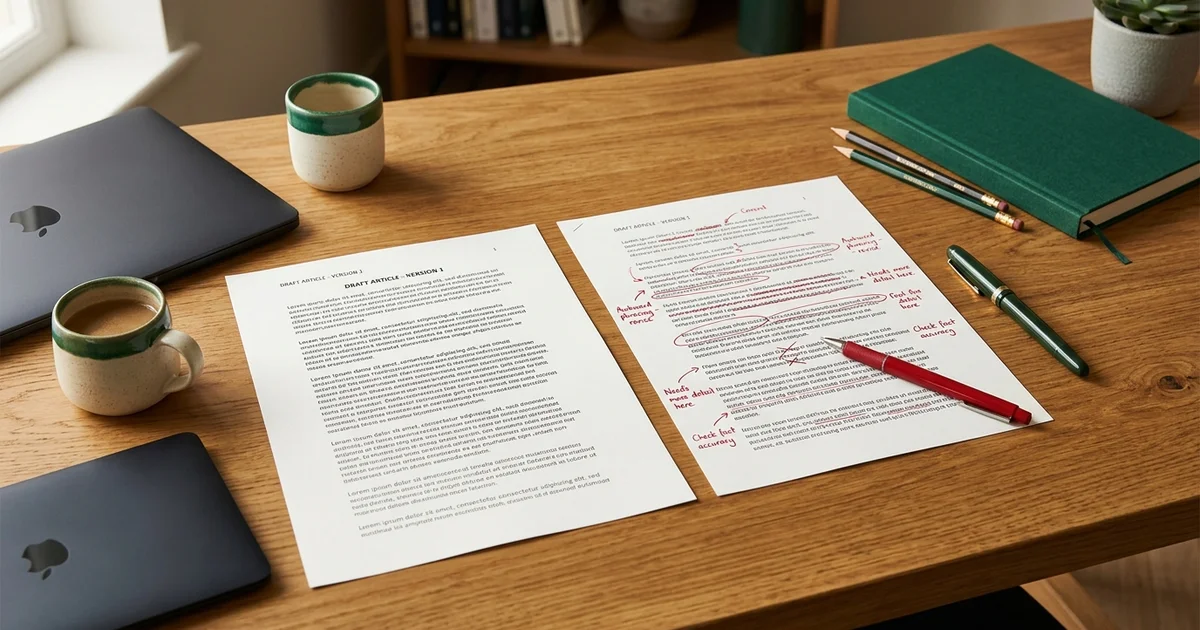 Two article drafts compared on a warm desk, one marked up by an editor in red pen