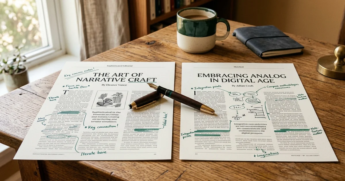 Two finished articles side by side on a warm desk, one heavily annotated by hand