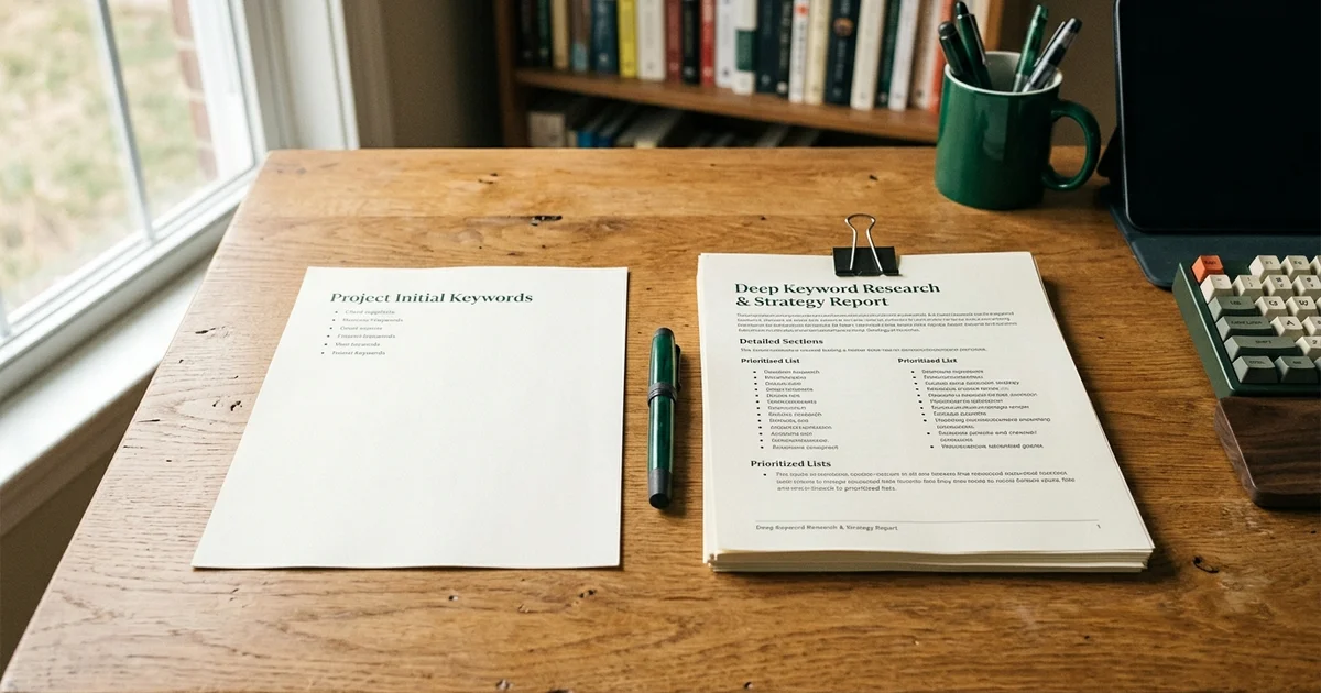 Two keyword lists laid side by side on a warm desk, one client-supplied and one researched