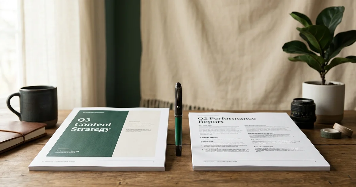 Two printed content strategy documents laid side by side on a warm editorial desk