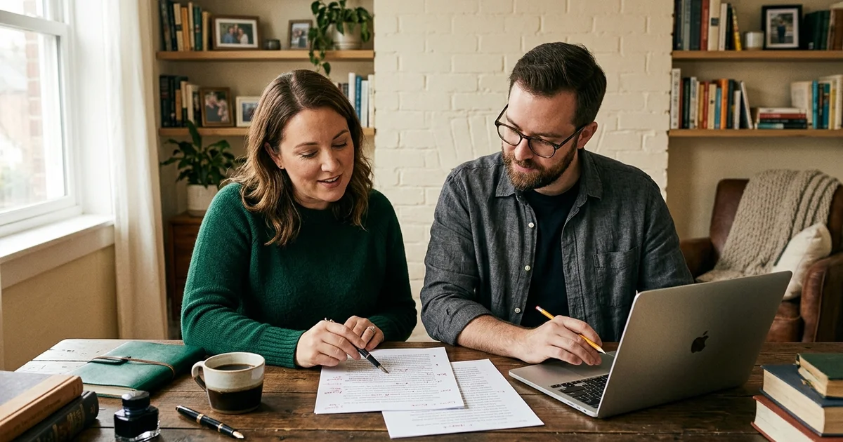 A writer and editor collaborating over a laptop and a printed draft in a warm studio