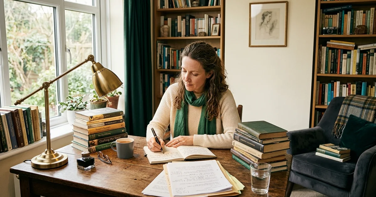 A writer surrounded by stacked research books and handwritten notes in a warm study