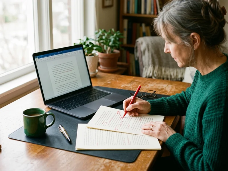 An editor marking up a printed manuscript with a red pen beside a laptop draft