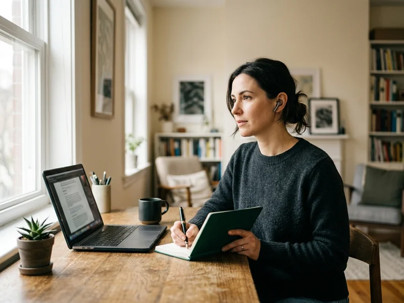 An editor taking notes during a client call at a warm wooden desk