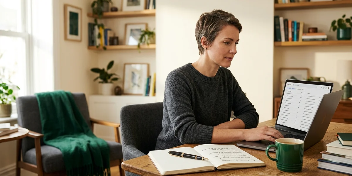 An analyst studying a search query log beside handwritten notes of real customer questions