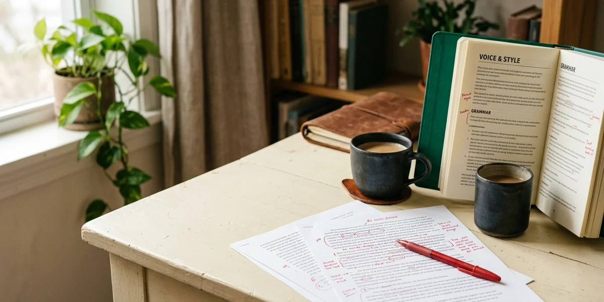 A cream desk covered with printed drafts, a red editing pen, coffee, and an open style guide