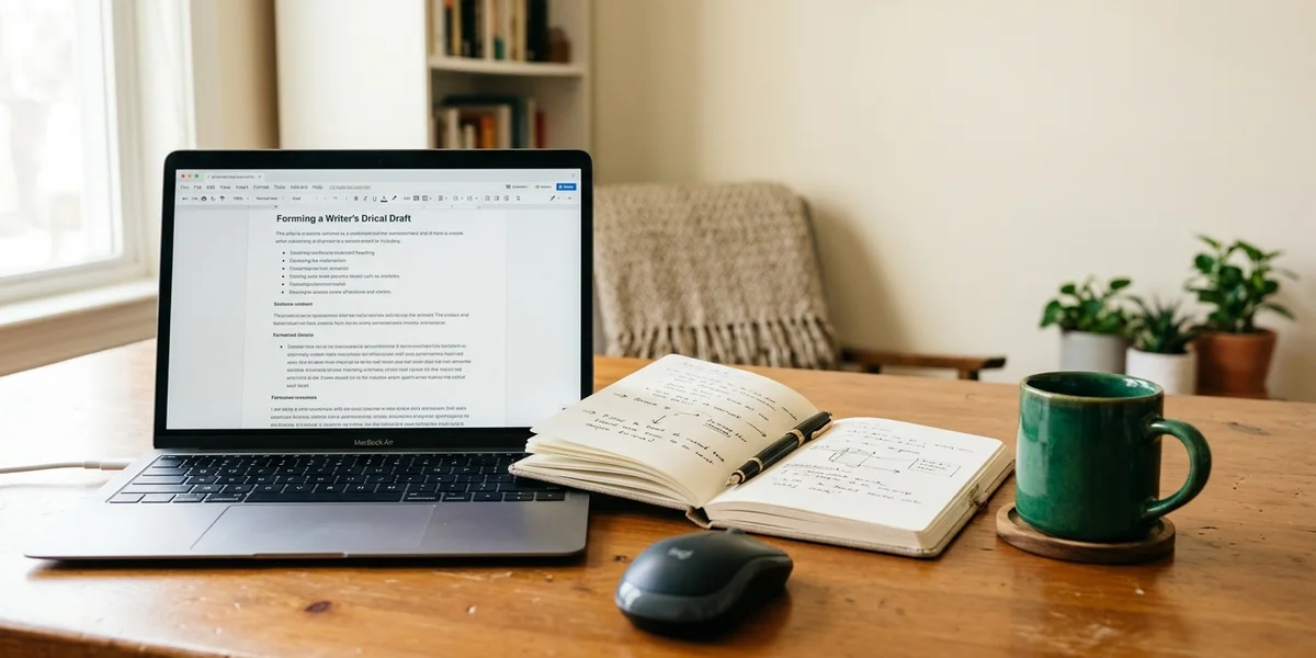 A laptop generating a structured article draft beside a coffee cup and notebook in a warm home studio