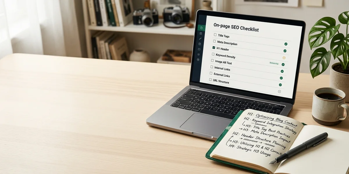 A laptop showing an on-page SEO checklist beside handwritten heading structure notes