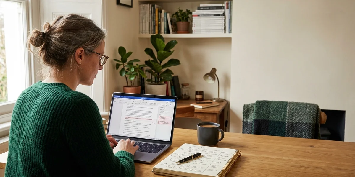A native English editor revising an AI-drafted article on a laptop with handwritten margin notes