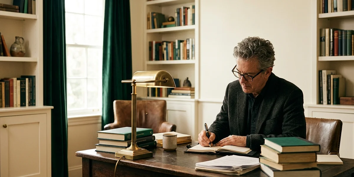 A veteran journalist writing longhand in a leather notebook surrounded by research books in a warm study
