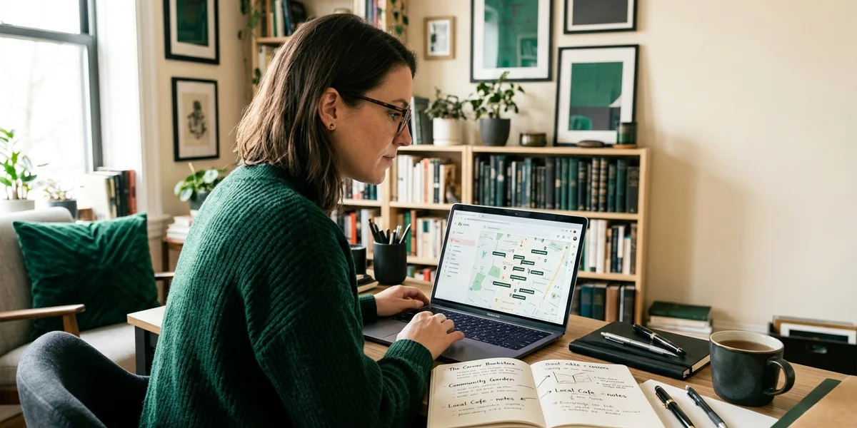 A writer researching a neighborhood on a laptop map beside handwritten notes about local landmarks
