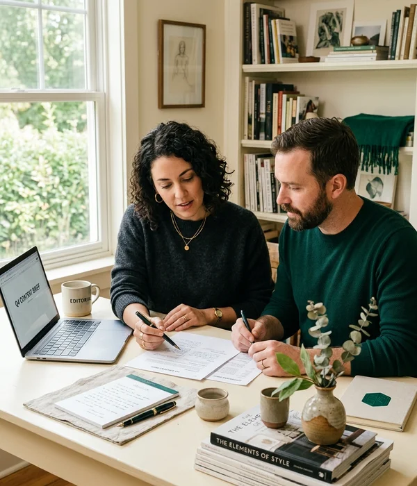 Two Content Geeks editors reviewing a content brief together in a sunlit studio