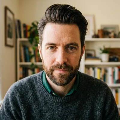 Mike Graham, founder and editorial director of Content Geeks, at his home studio desk